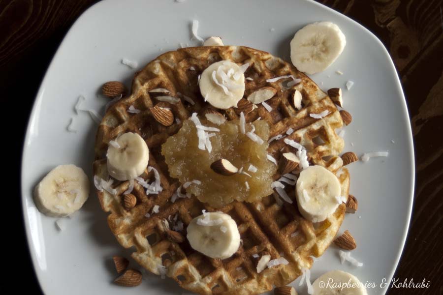 Waffle topped with pineapple jam and bananas.