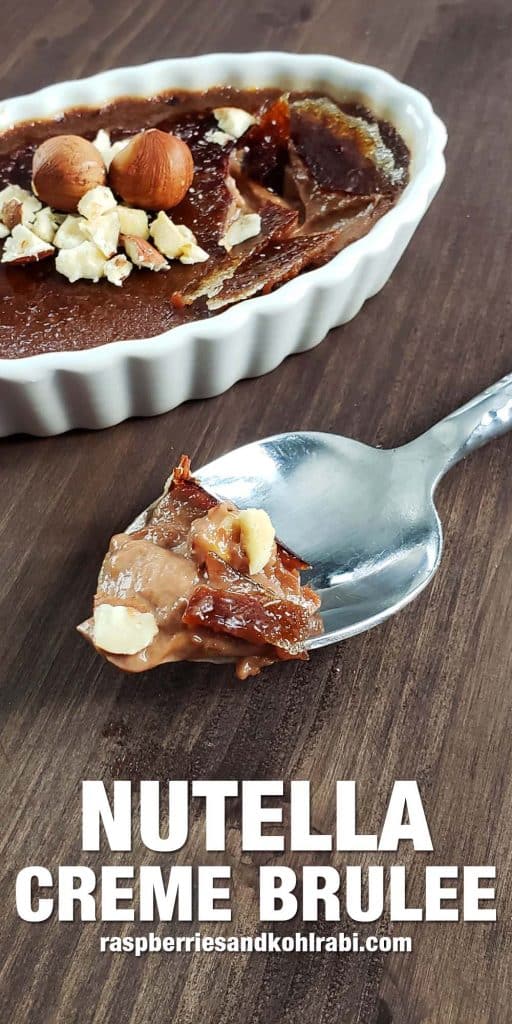 Metal spoon topped with Nutella creme brulee. laying on a dark wood background.