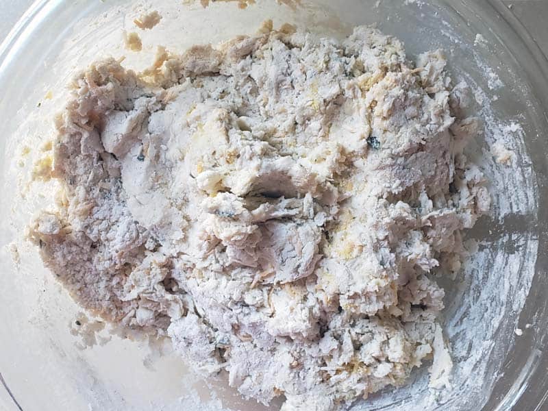 Sourdough scone dough in a glass bowl.