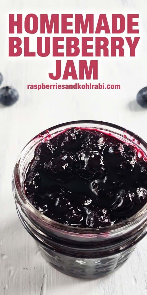 Jar of blueberry jam on a white background.