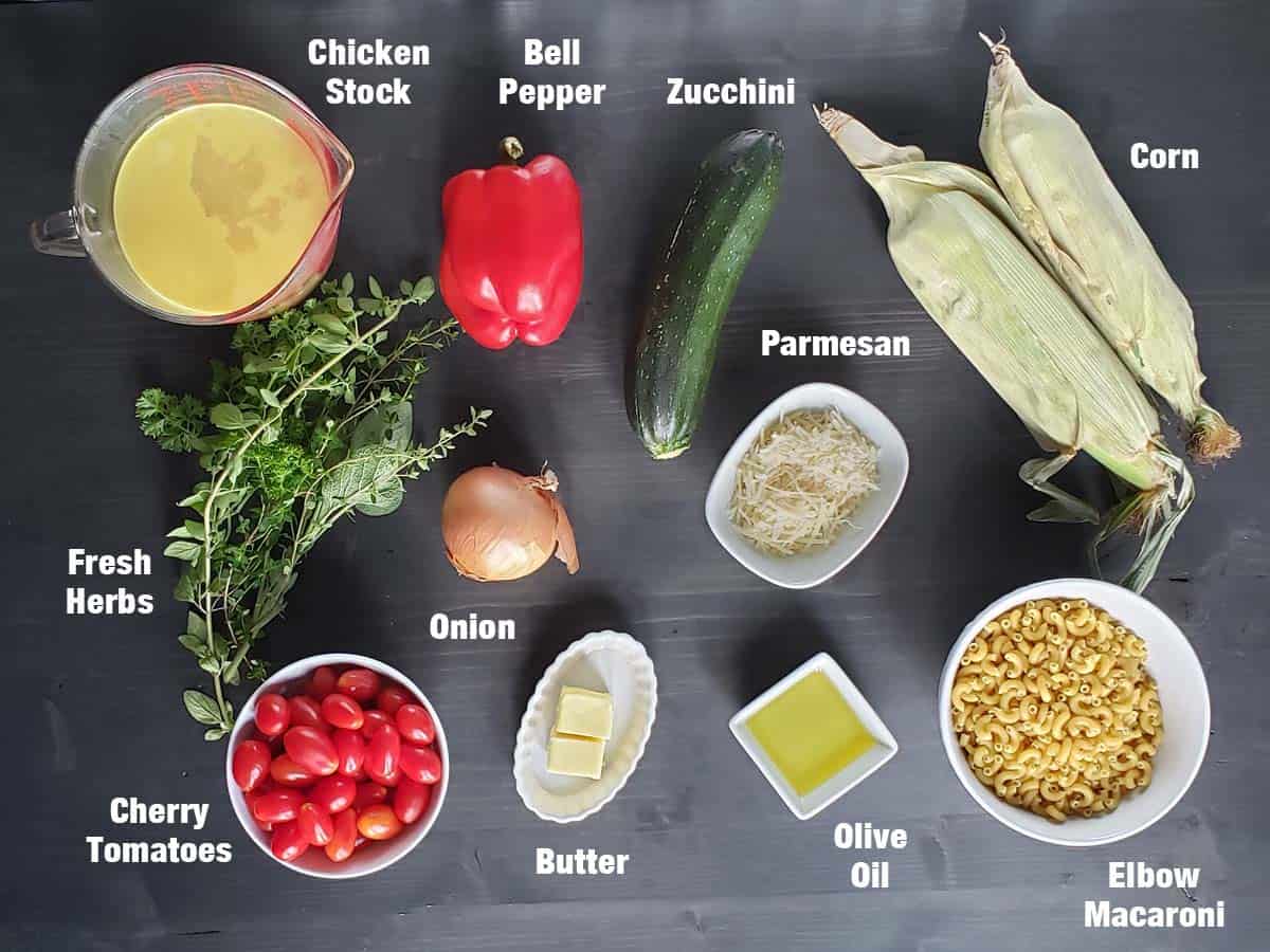 Roasted summer vegetable pasta salad ingredients on a dark background.