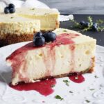 slice of lemon thyme cheesecake on a white plate