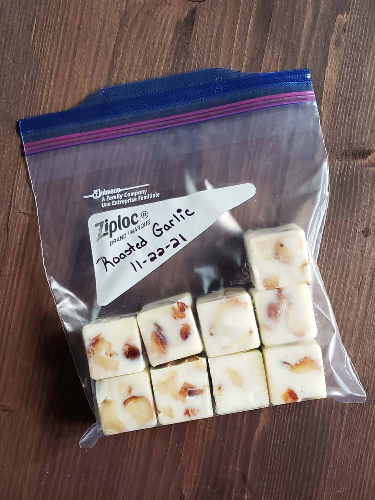 Frozen garlic cubes in a ziplock bag.