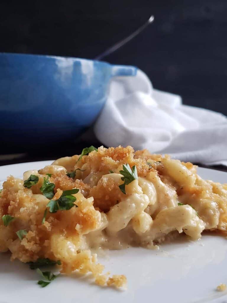 macaroni and cheese on a white plate with blue dutch oven in the background