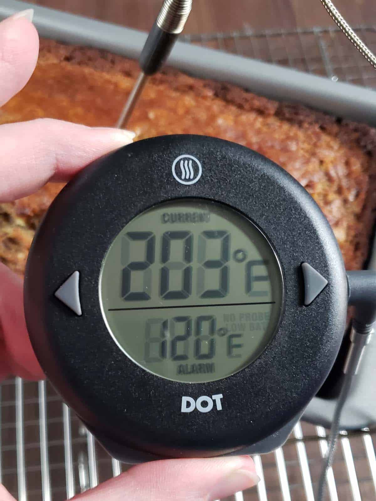 Digital thermometer displaying 203 degrees Fahrenheit.