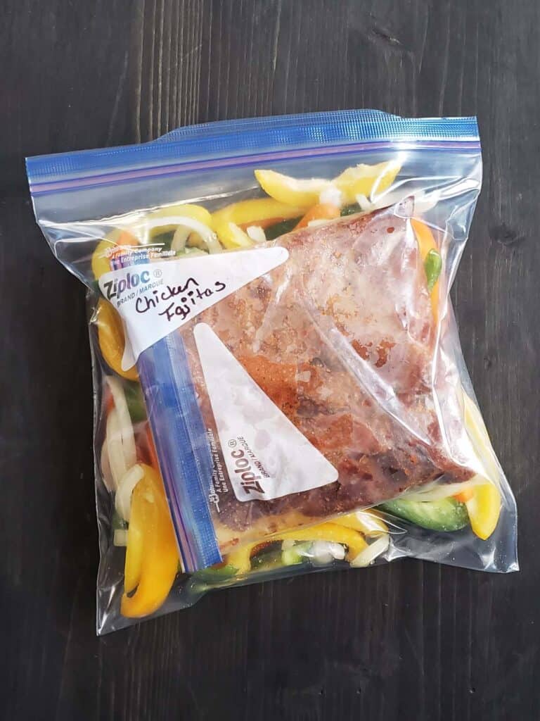 Chicken fajitas on a ziplock bag.