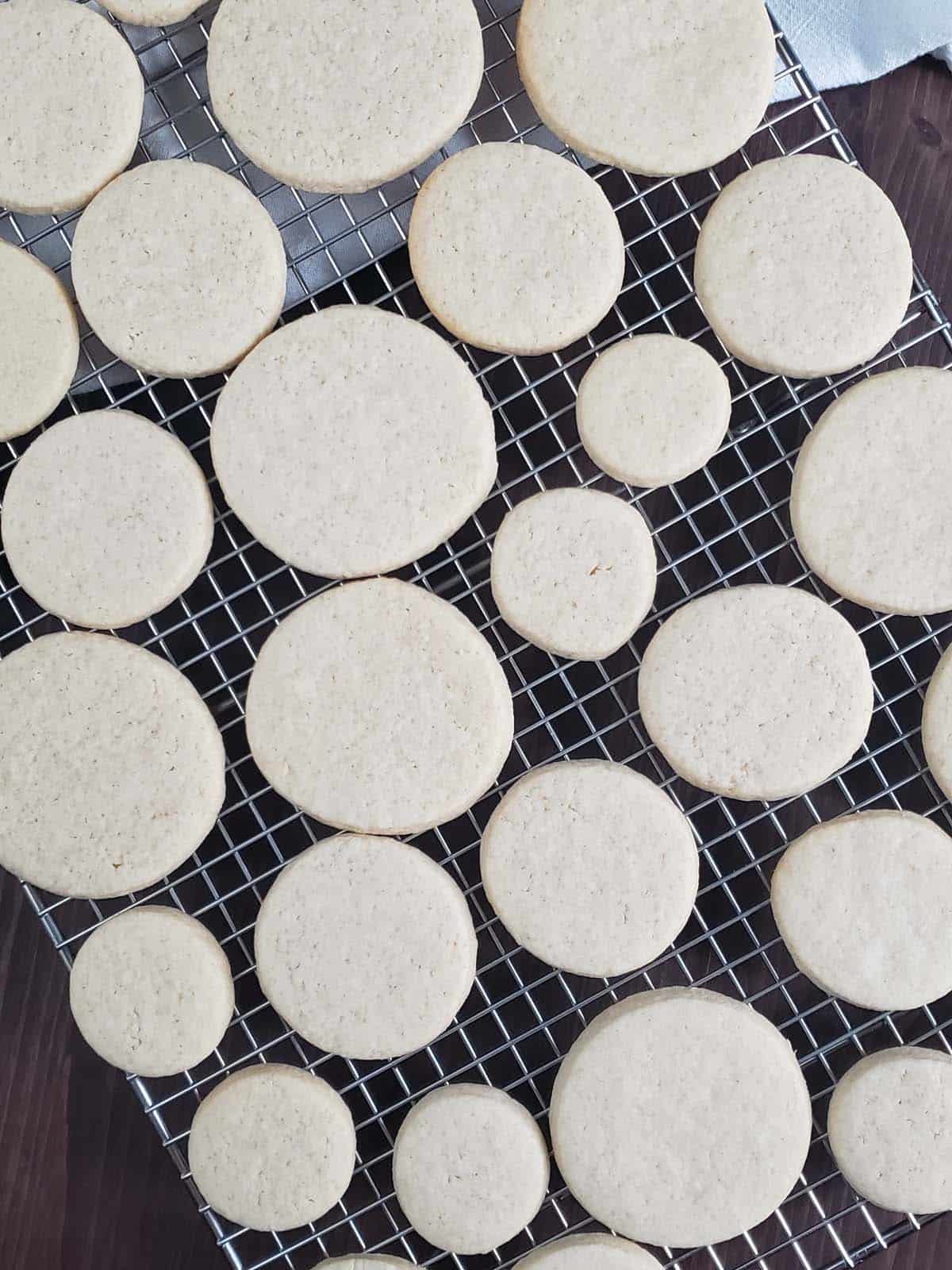 Round sugar cookies on a metal cooling rack.