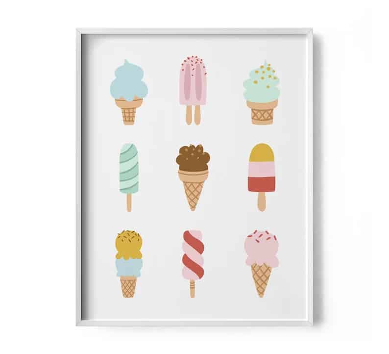 White print of nine different colorful ice cream treats.