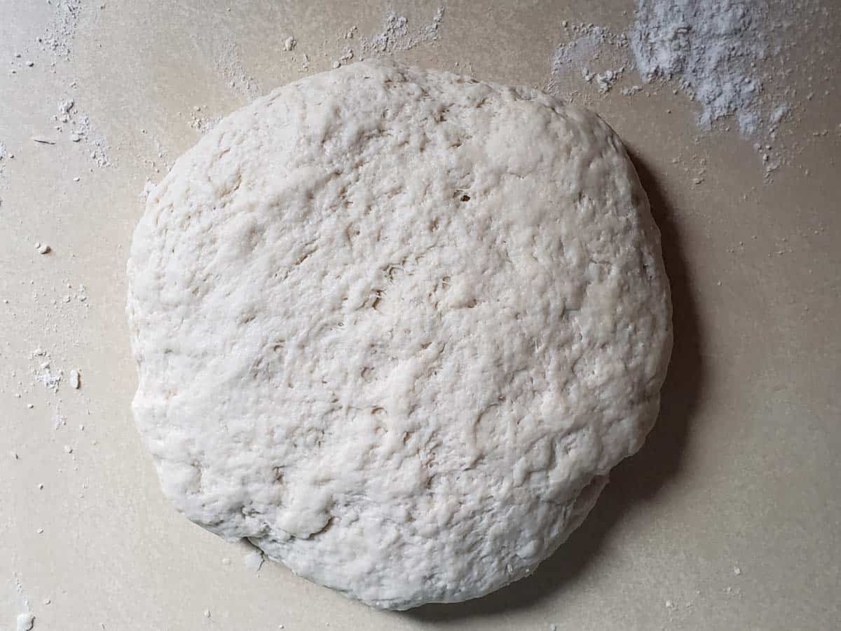 Sourdough tortilla dough on the counter.