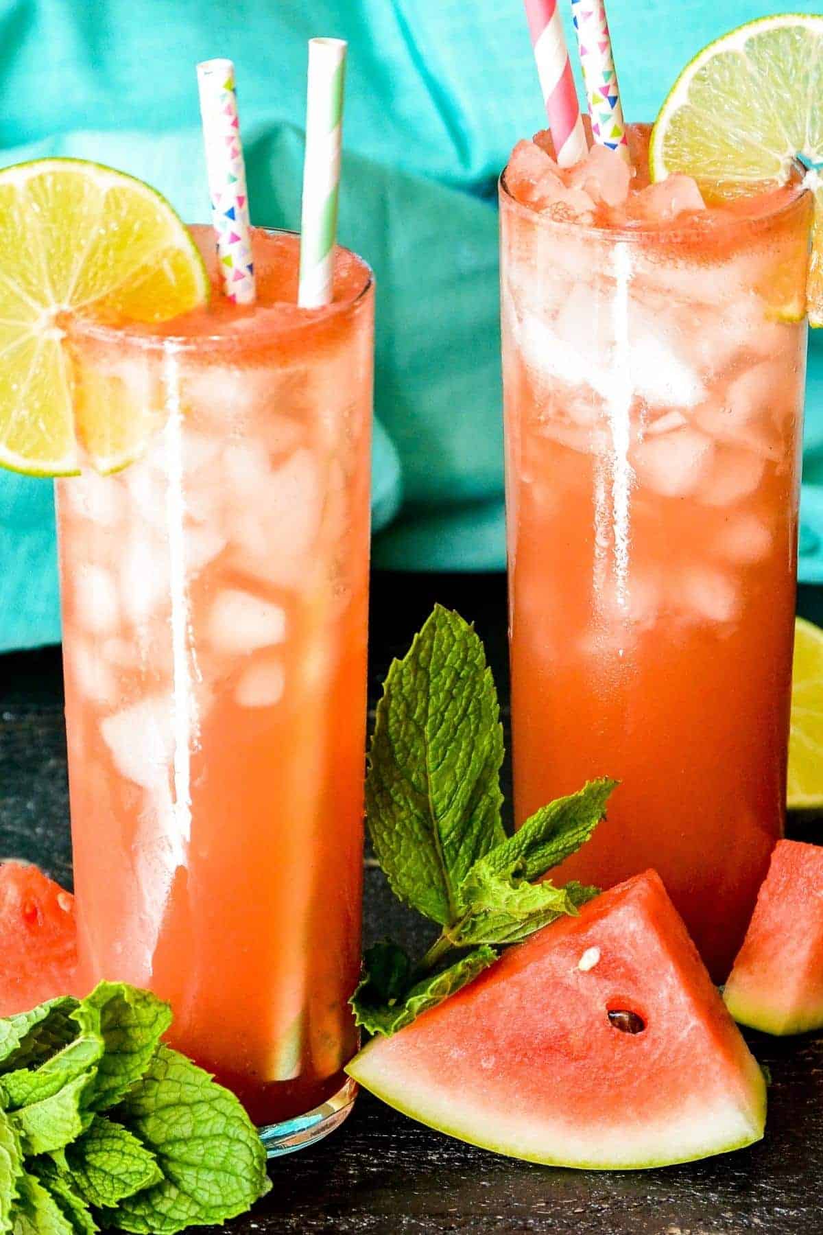 Watermelon juice in two tall glasses.