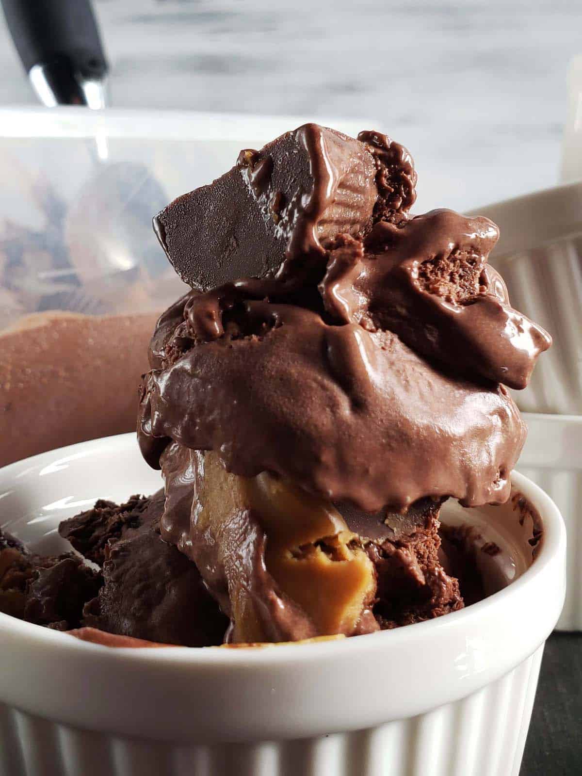 Chocolate peanut butter swirl ice cream in a white ramekin.