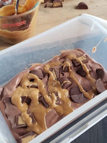 Chocolate ice cream with a peanut butter swirl in a clear plastic container.