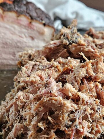 Close up of pulled smoked pork.