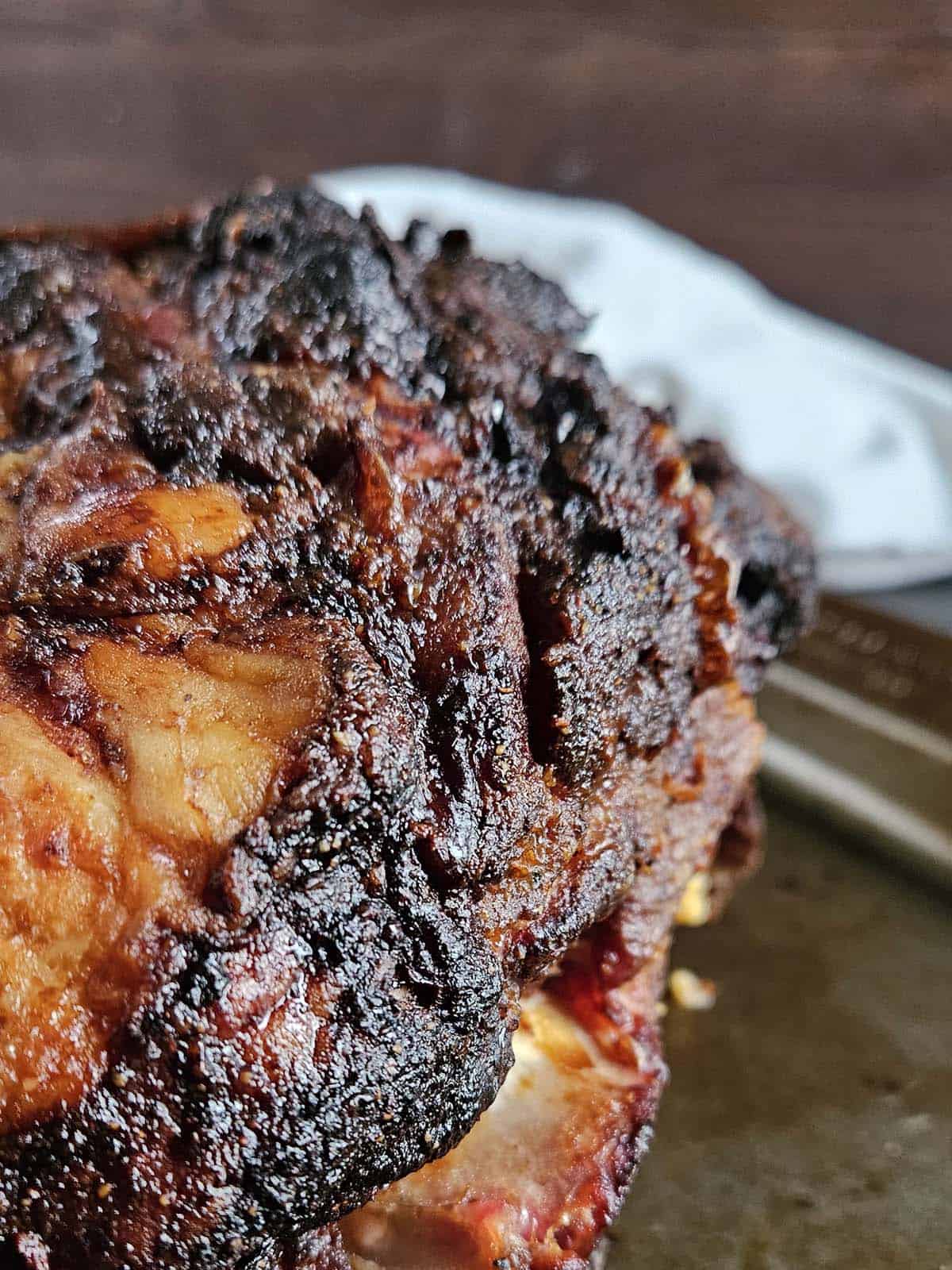 Close up of a smoked pork roast.
