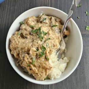 Pork stroganoff and mashed potatoes in a white bowl.