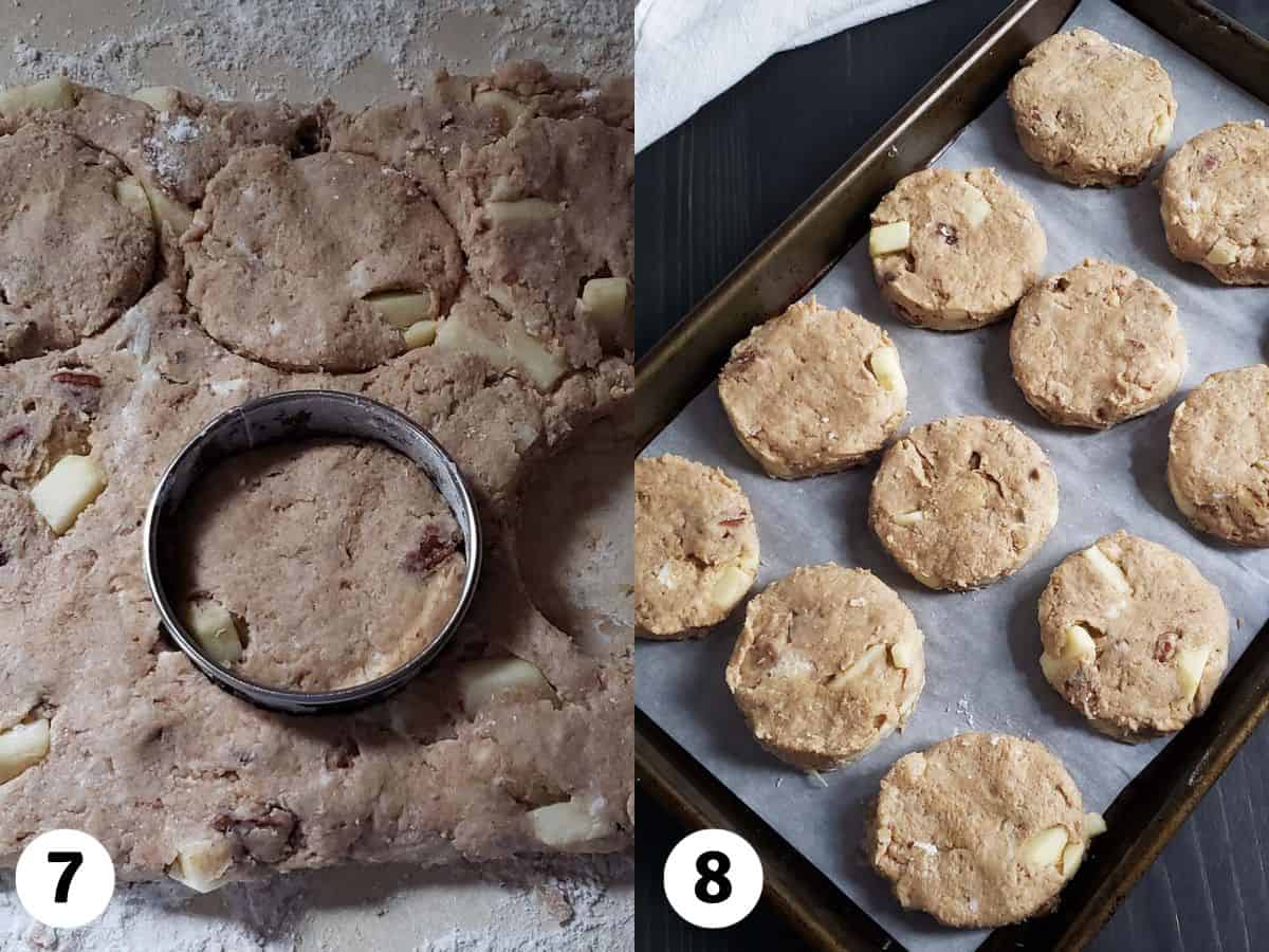 Collage of photos showing scones being cut into circles.