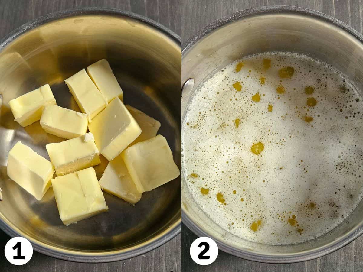 A two photo collage showing butter being browned in a saucepan.