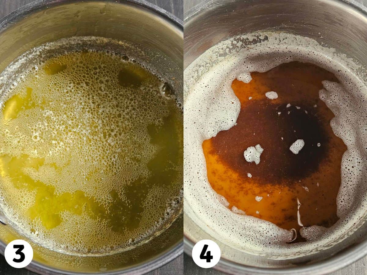 A two photo collage showing butter being browned in a saucepan.