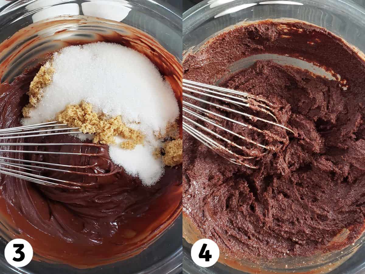 Collage showing sugar being whisked into brownie batter.