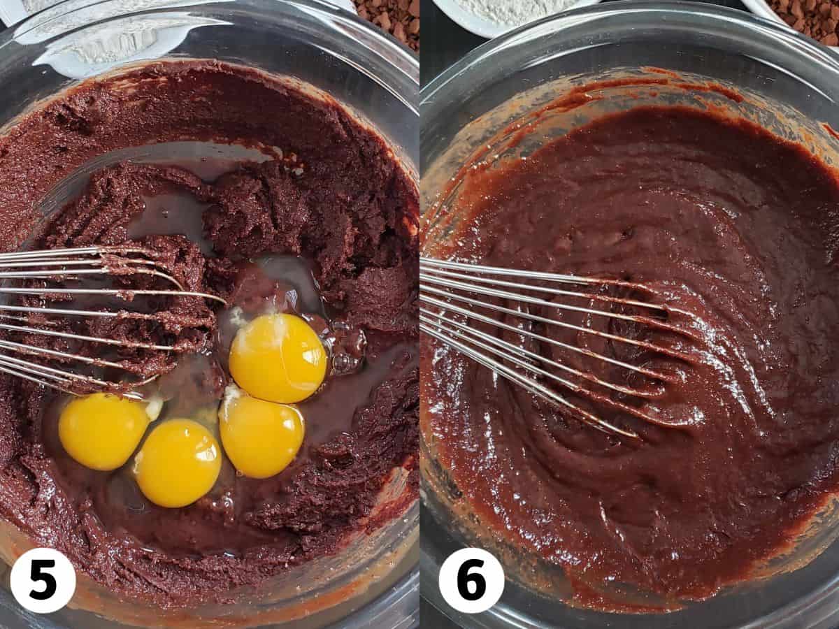 Collage of photos showing eggs being whisked into brownie batter.