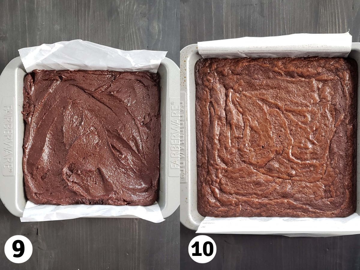 Collage of photos showing baked and unbaked brownies.