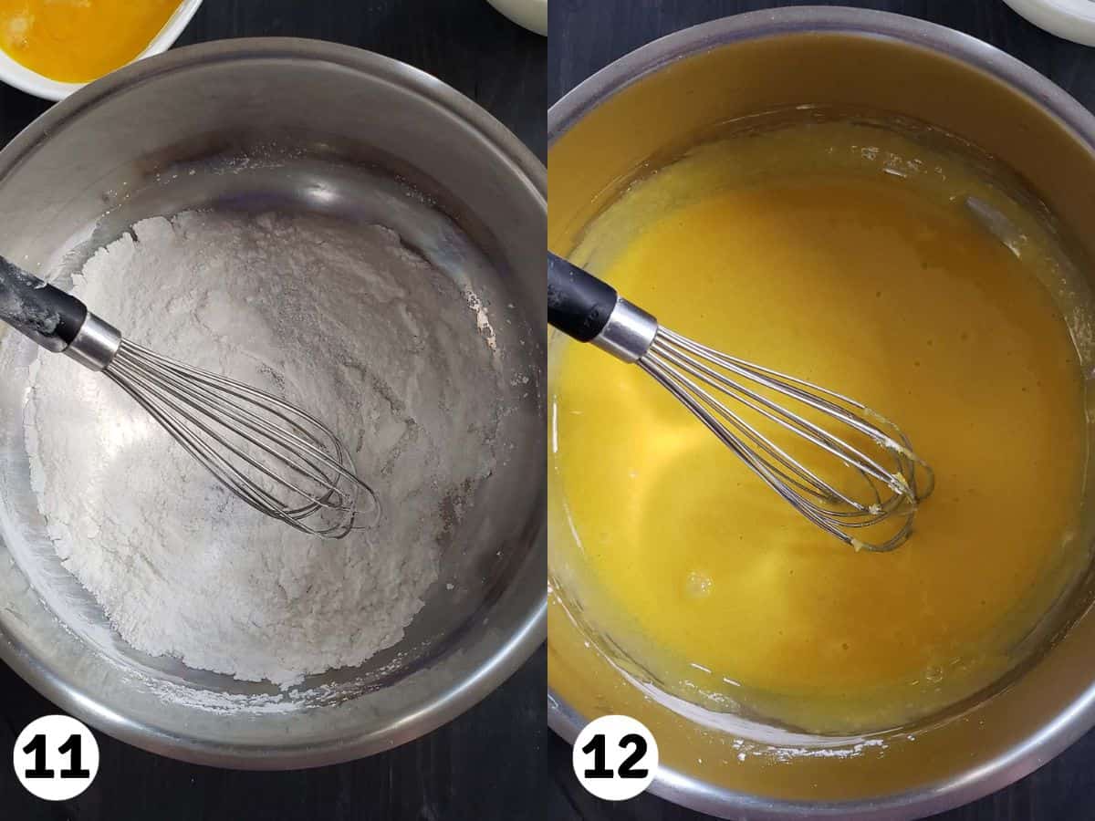 Collage showing sugar and egg yolks being whisked together.