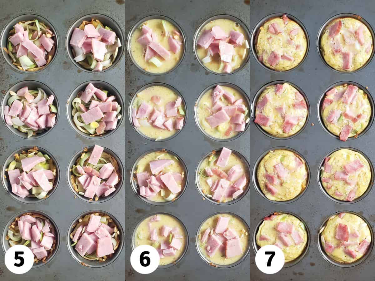 Step-by-step shots of making egg muffins in a muffin pan.