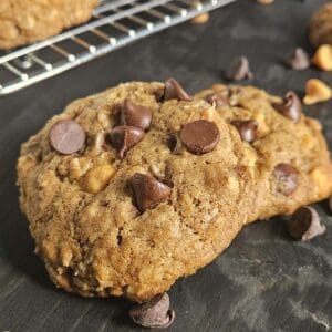 Two sourdough oatmeal chocolate chip cookies on a dark background surrounded by chocolate chips.