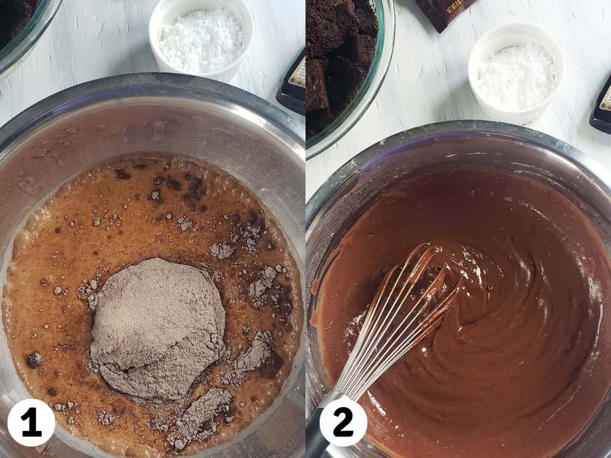 Collage of photos showing pudding mix and milk being stirred into pudding.