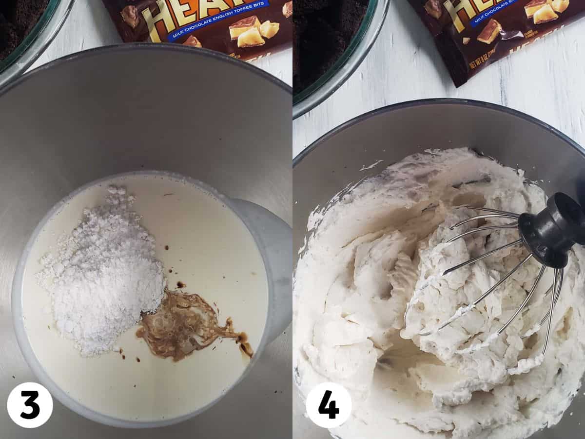 Collage of photos showing heavy cream being whipped into whipped cream.