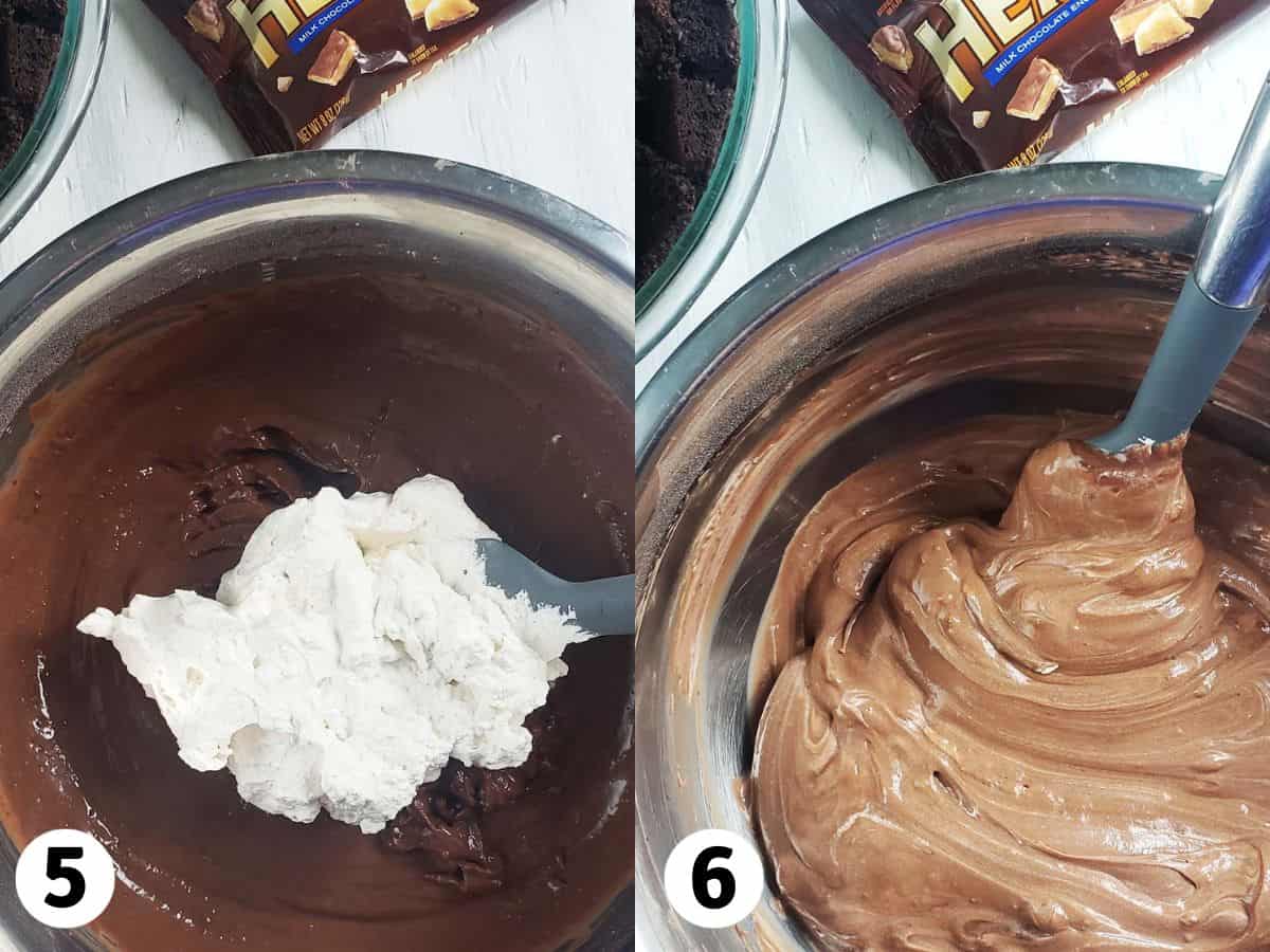 Collage of photos showing folding whipped cream into chocolate pudding.