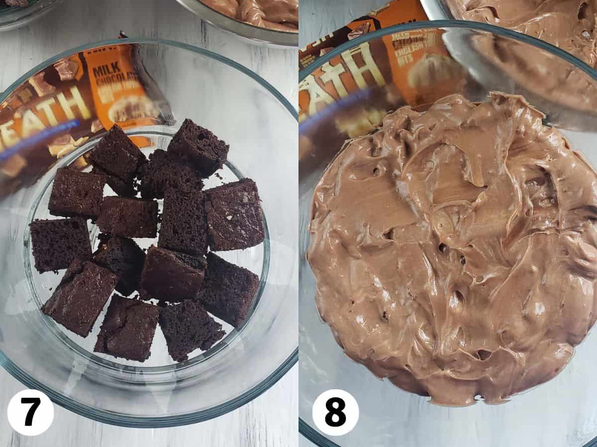 Collage of photos showing the steps to layer the trifle.