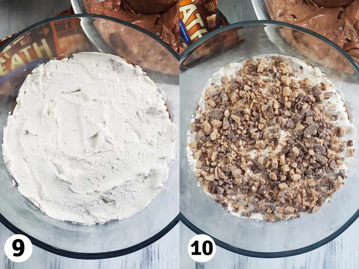 Collage of photos showing layering of whipped cream and Heath bits.