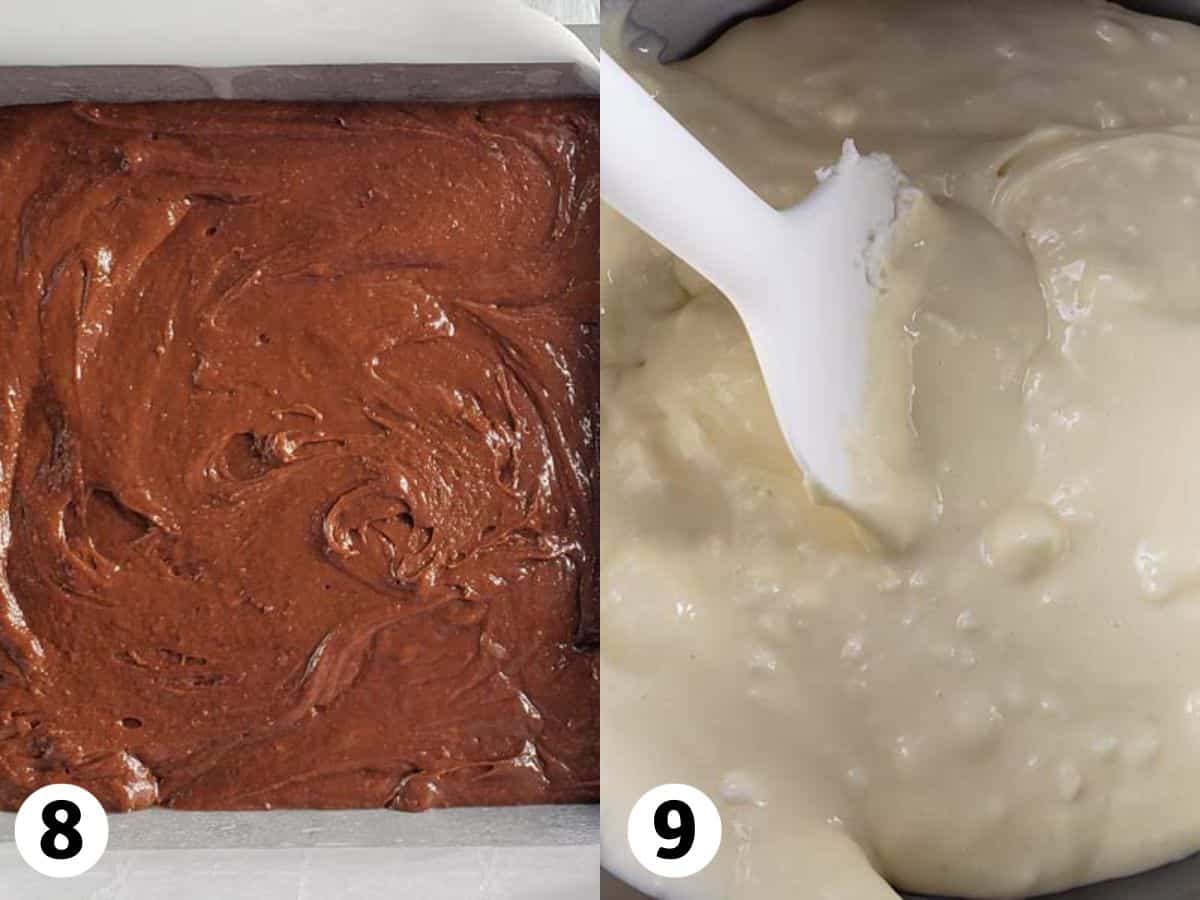 Photo collage showing brownie batter in a metal bowl and cheesecake batter in a metal bowl.