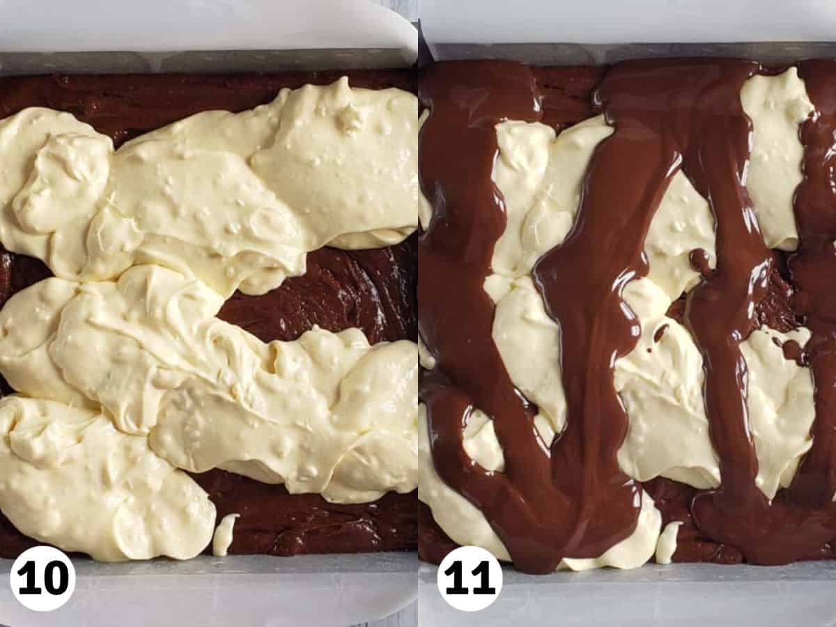 Photo collage of cheesecake being swirled into brownie batter.