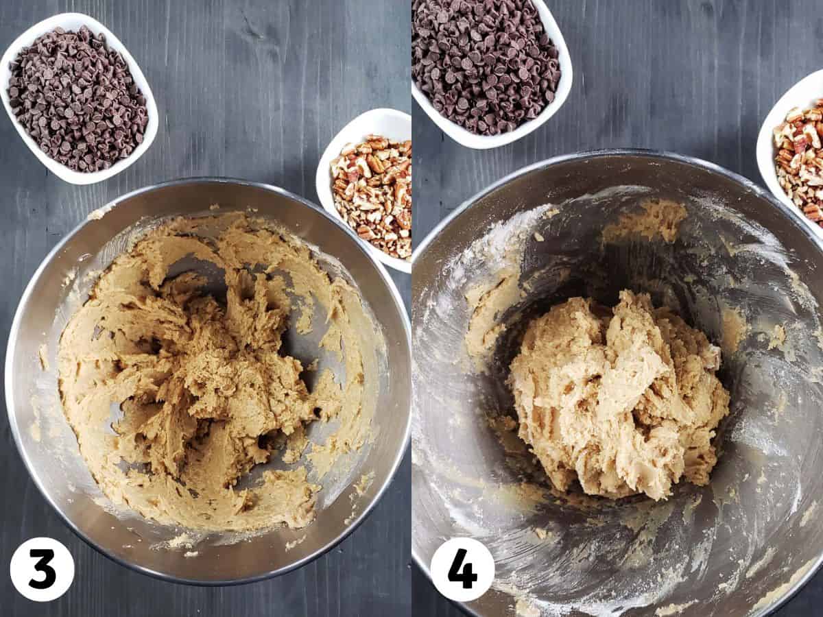 Two photos showing cookie dough in a metal bowl.