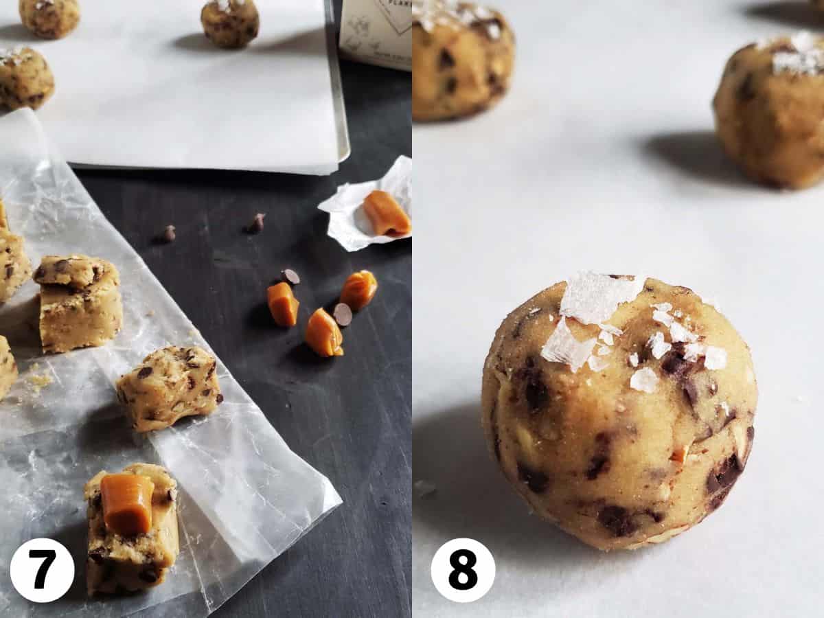 Collage of pictures showing the steps to stuff caramel into cookie dough balls.