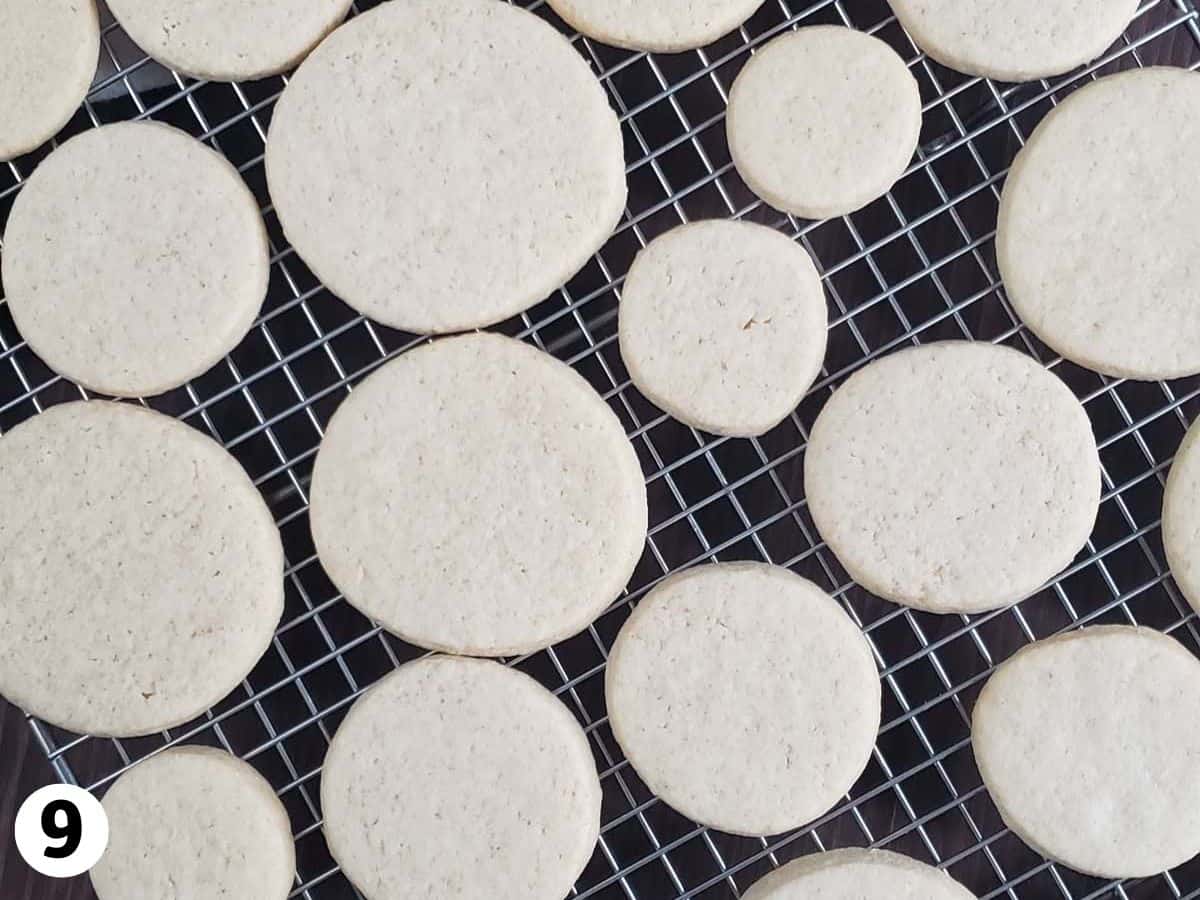 Circular sugar cookies cooling on a wire rack.