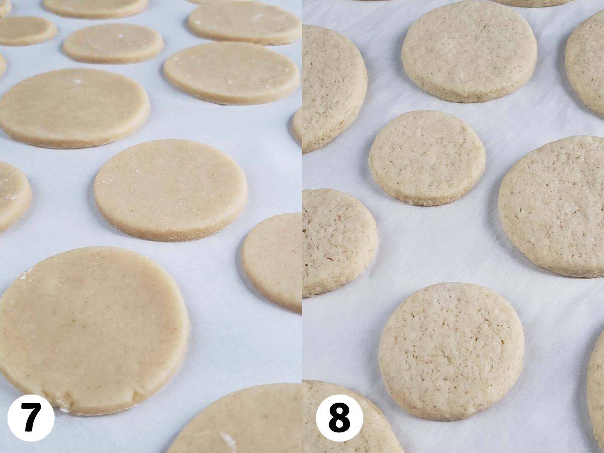 Collage of photos showing unbaked and baked sourdough sugar cookies on a baking sheet.