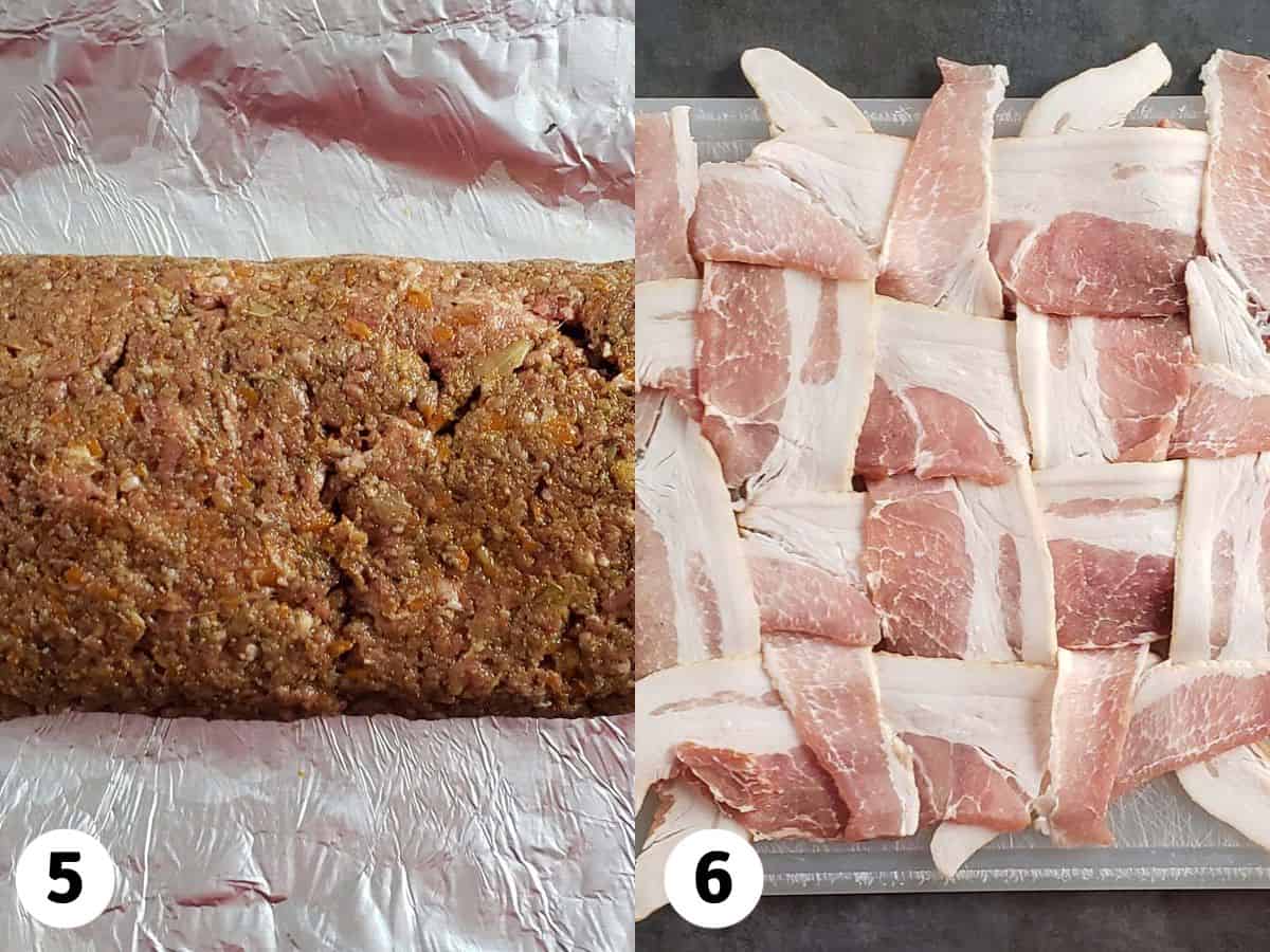 Collage of photos showing an uncooked meatloaf on foil and bacon strips woven together.