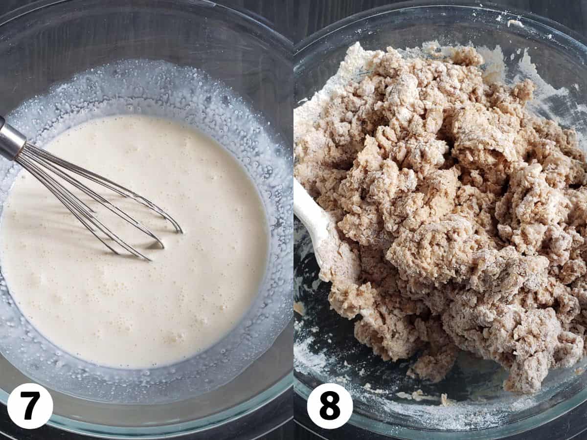Scone wet ingredients whisked together in a glass bowl and scone dough in a glass bowl.