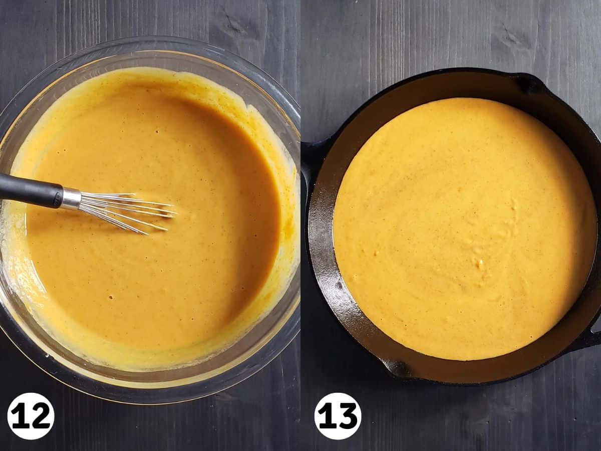 Pumpkin custard in a glass bowl and in a cast iron skillet.