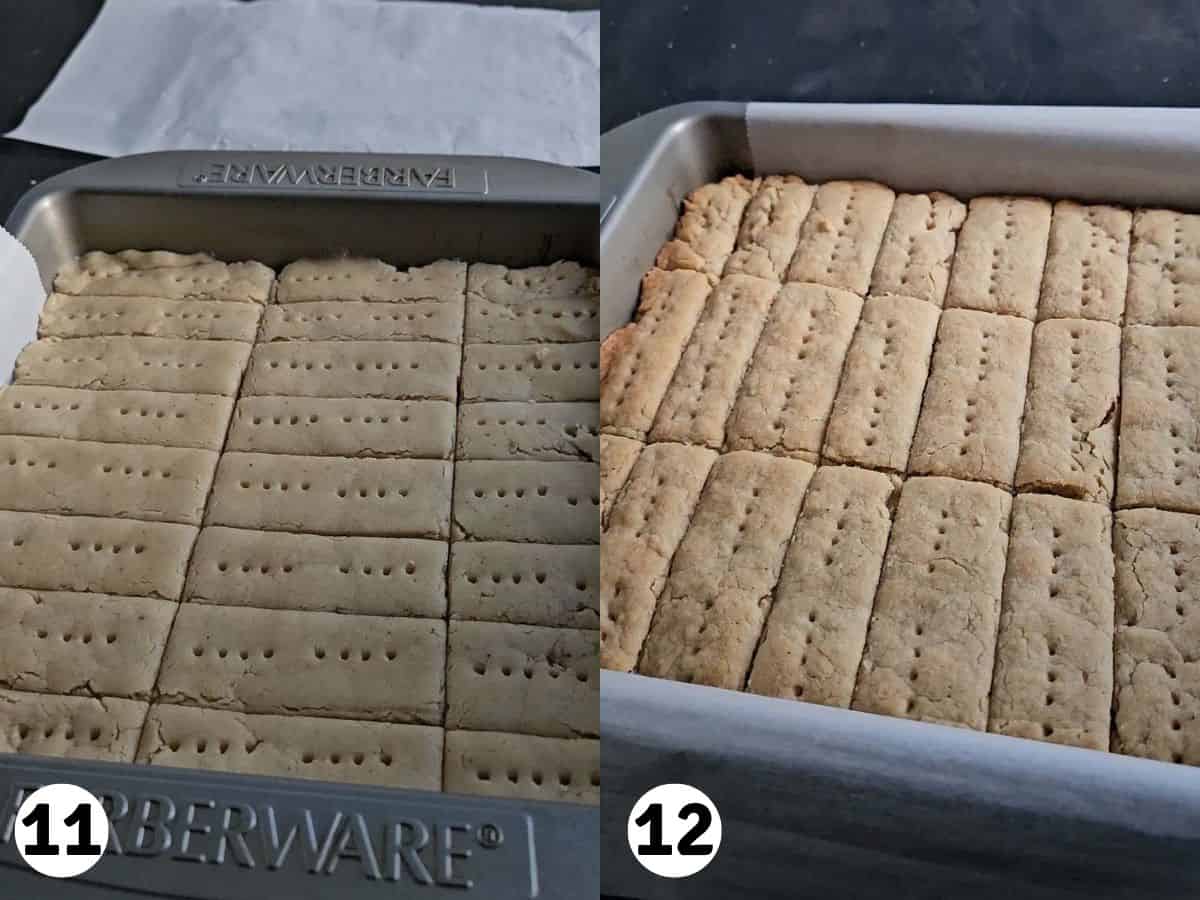 Shortbread cookies in a baking pan.