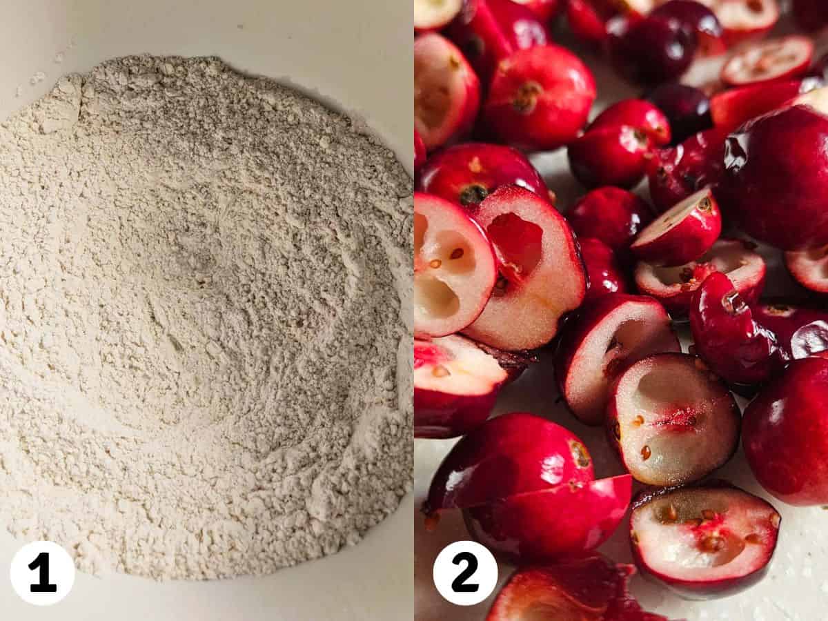 Bowl of flour and cut cranberries on a white cutting board.