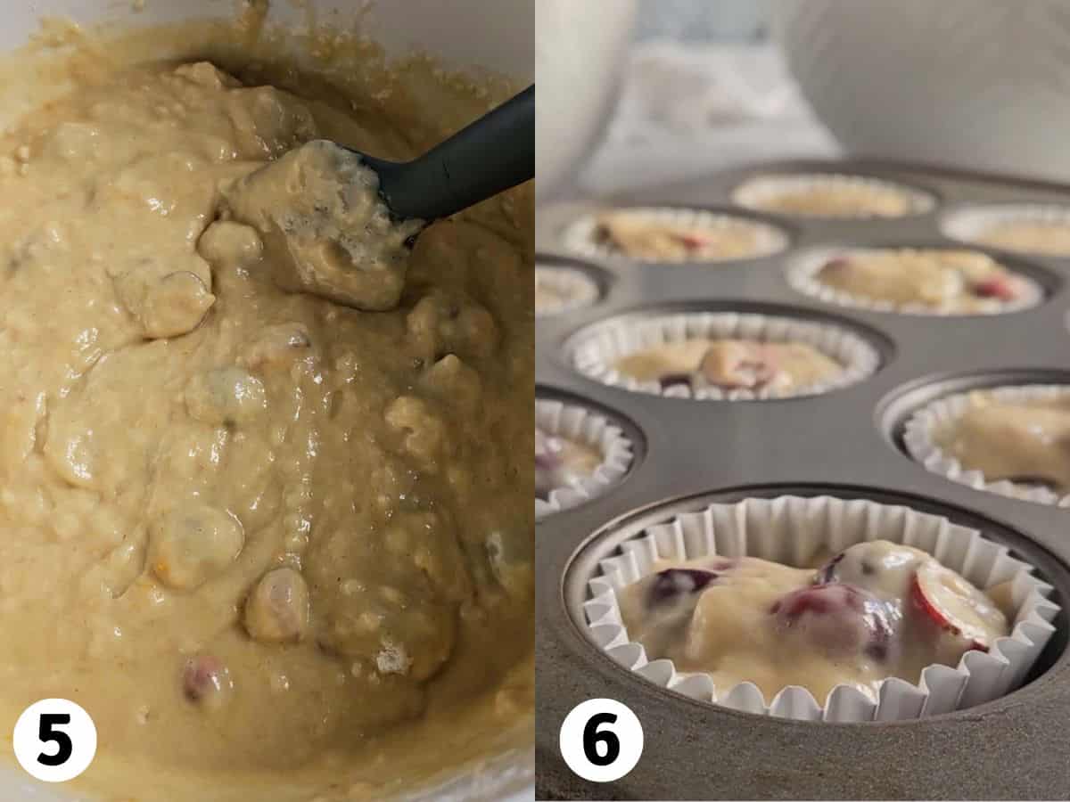 Cranberry muffin batter divided into muffin cups.