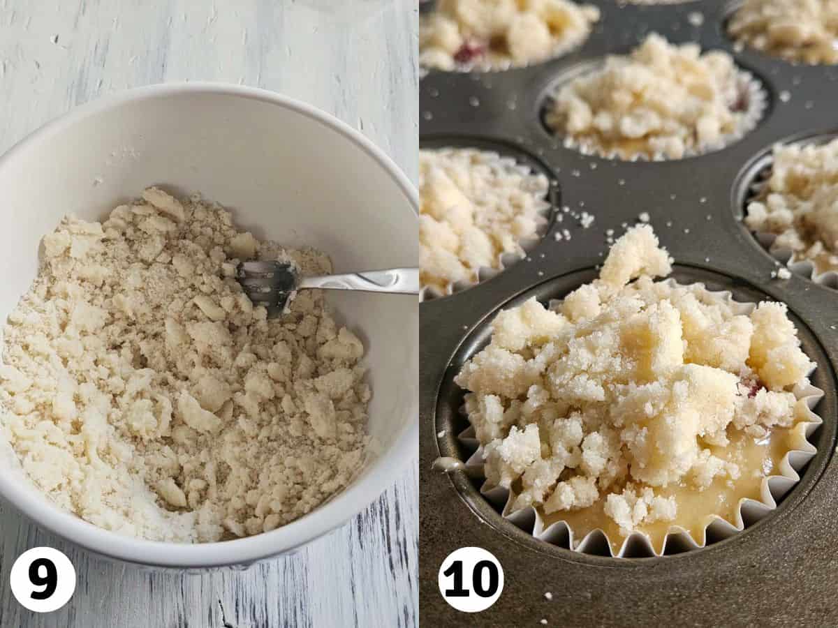 Cranberry muffins being topped with streusel.