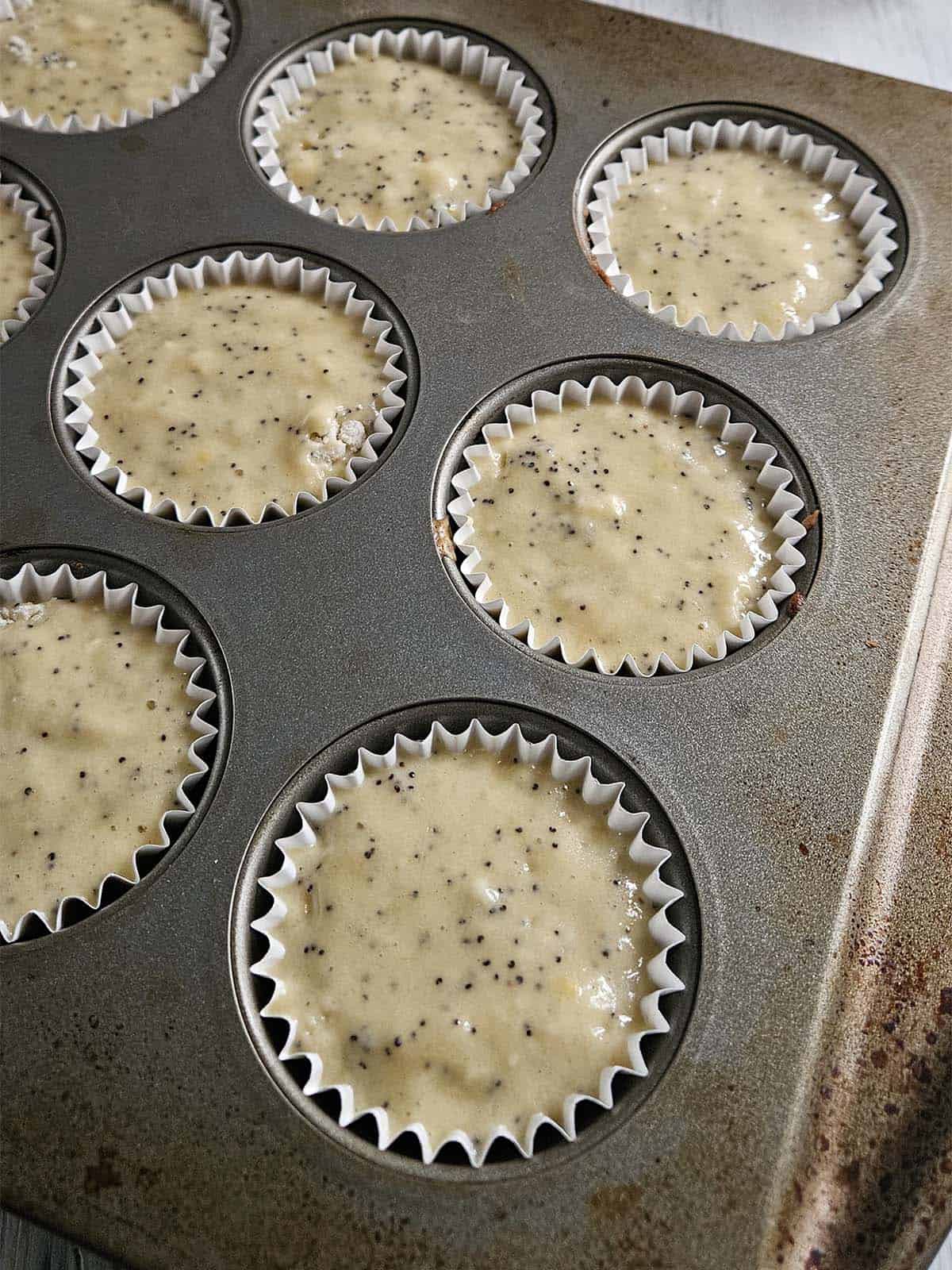 Lemon Poppyseed muffin batter in a muffin tin.