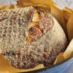 Baked sourdough bread in a blue Dutch oven.