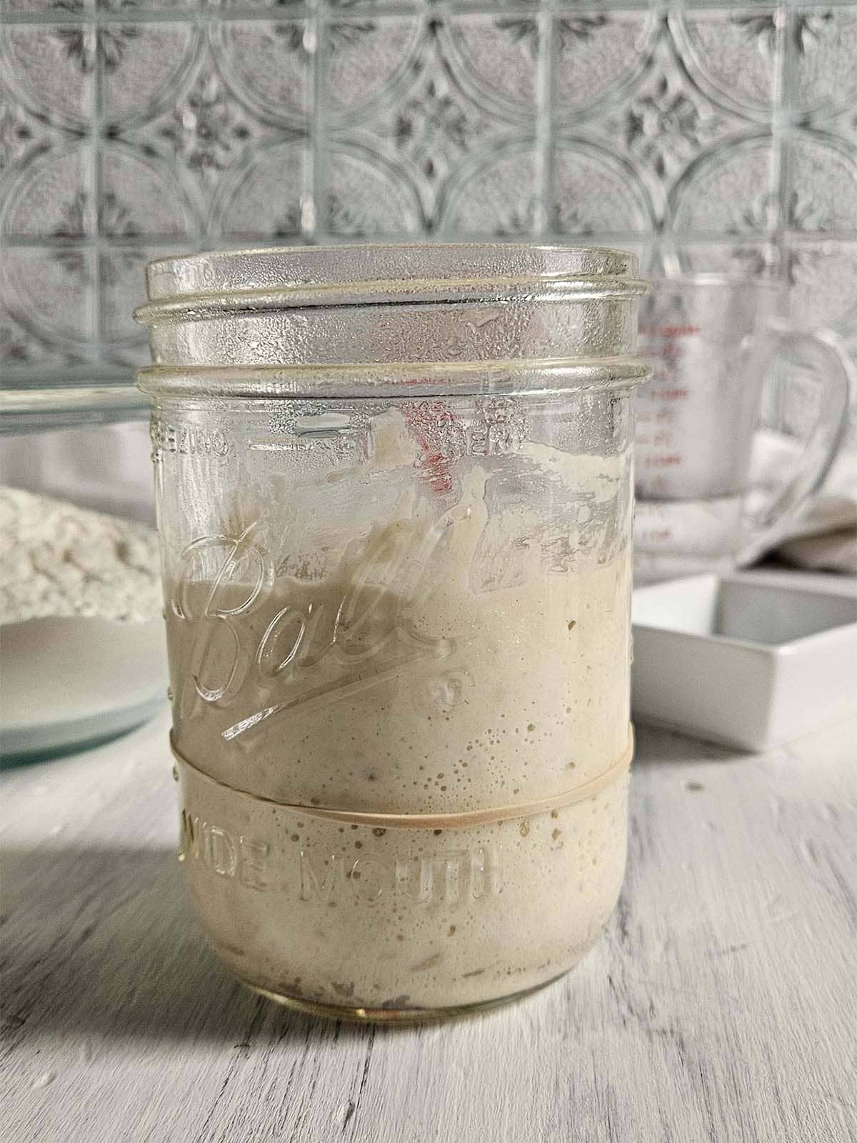 Sourdough starter that has risen to fill ⅔ of a glass jar.