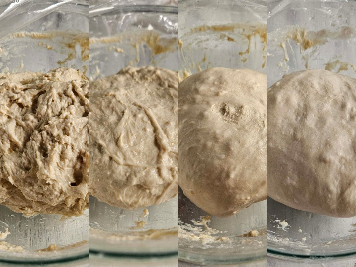 Collage showing four stages of stretch and folds.